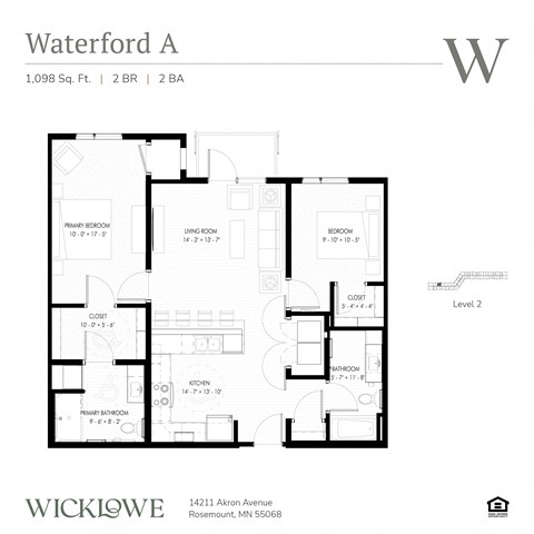 Floor plan for 2 beds, 2 baths, 1098 sqft